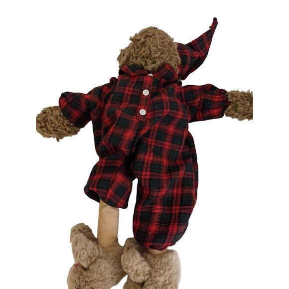 Bear in Red Plaid Nightshirt and Hat Bunny Slippers 15.5" Fuzzy soft fabric body - Picture 3 of 9